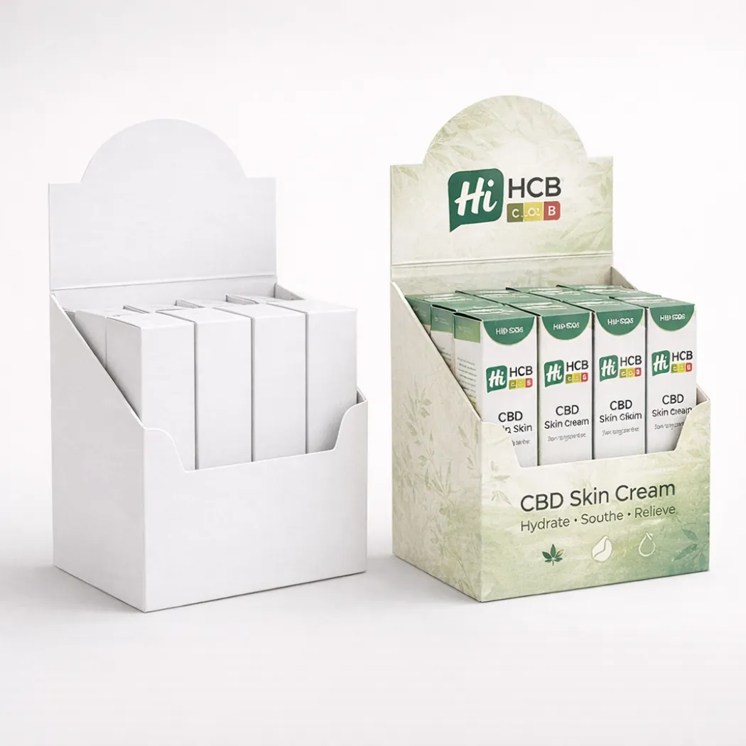 A retail counter display unit containing several small white cardboard boxes for CBD skin cream- class=